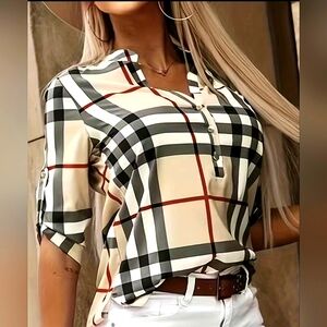 Plaid Button-Up Blouse - Black, White, Cream